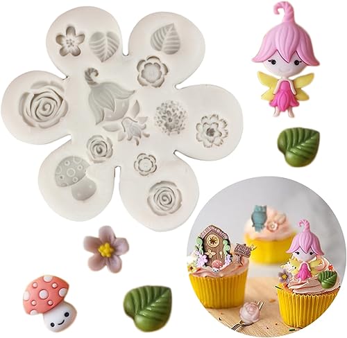MINFEIDMS Moldes de silicona de hadas de jardín de hadas vintage encantado, molde de fondant de hojas de flores para decoración de pasteles,