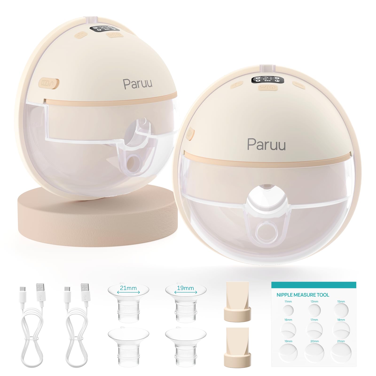 Paruu Hands Free Breast Pump P16, Wearable Breast Pump Electirc Portable with 4 Modes & 12 Levels, Max 309mmHg Strong Suction 19/21/24mm Flange Inserts Wearable Breastfeeding Pump, 2 Pack(Nude