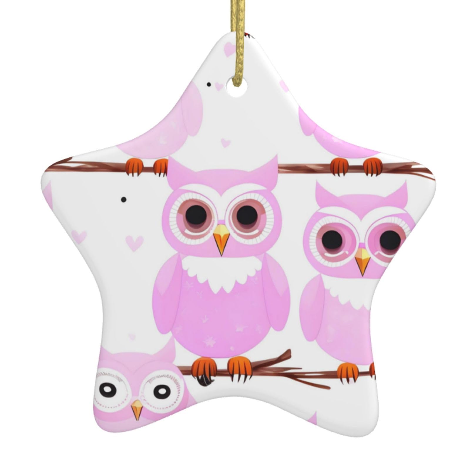 Cute owl Christmas Ceramic Star Pendant with Punched Holes and Gold Wire Rope, Christmas Tree Home Decoration