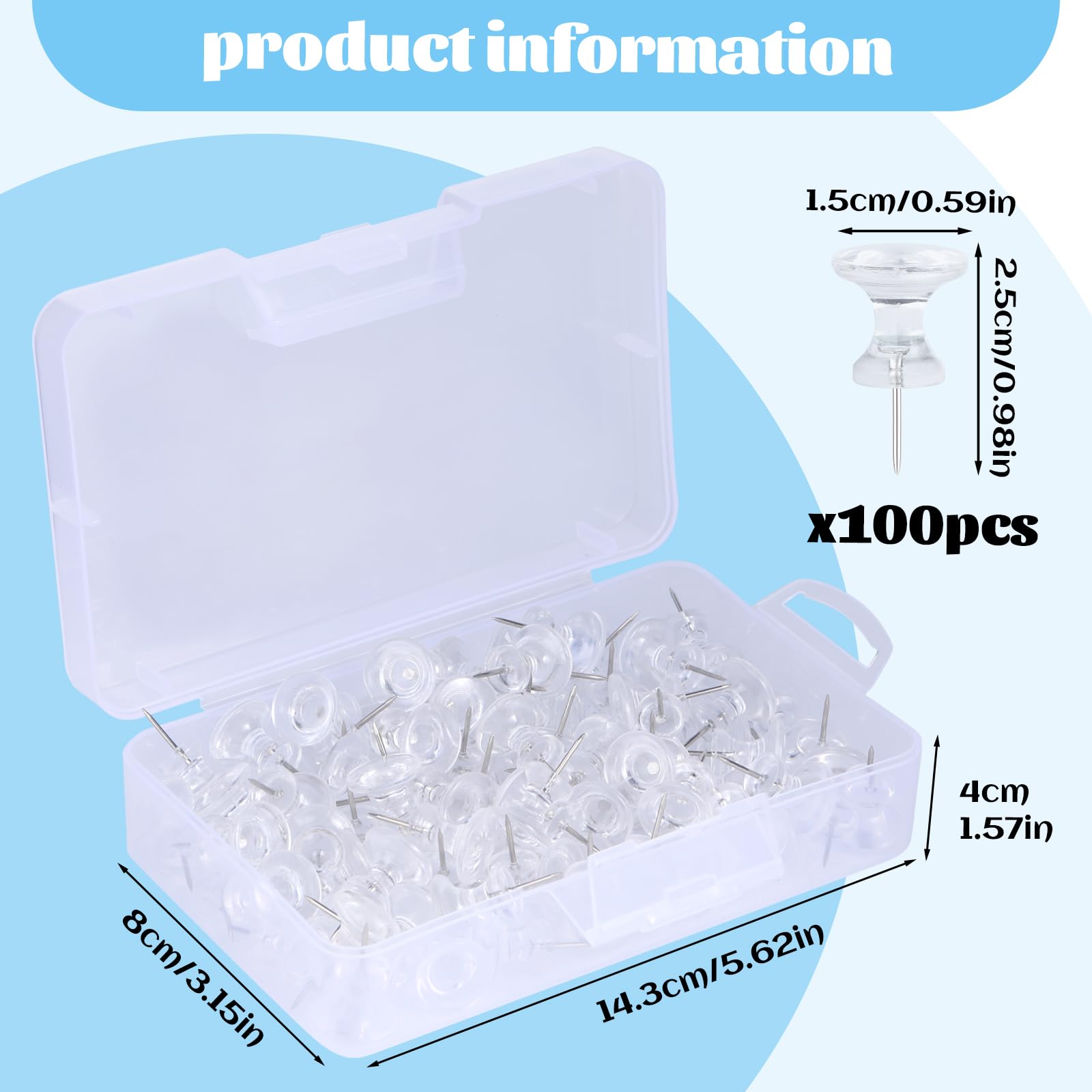 100 PCS Clear Push Pins - Transparent Thumb Tacks With Storage Box For Bulletin Boards