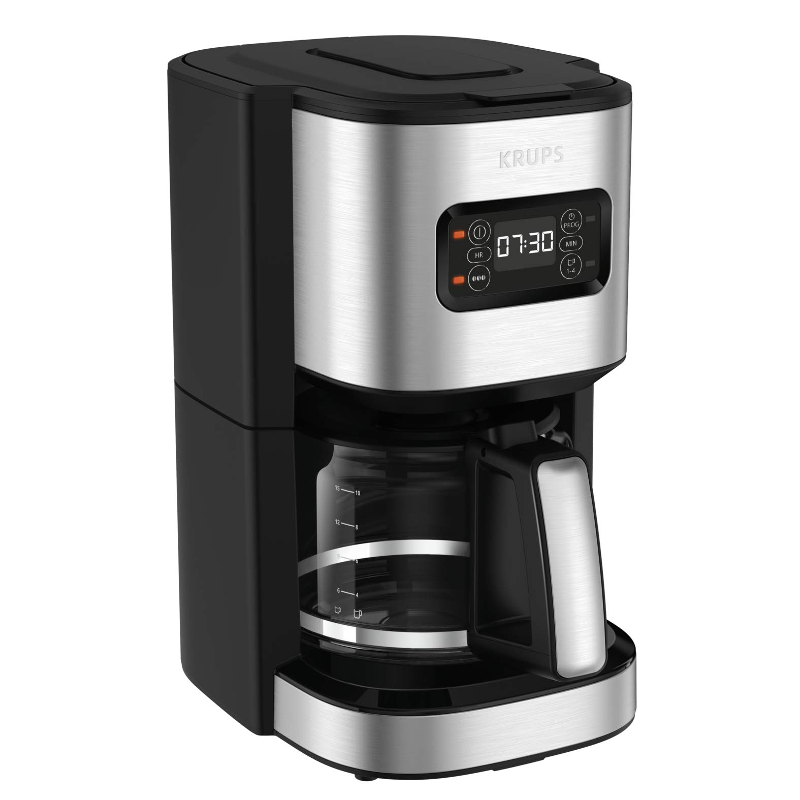 Krups Caffettiera programmabile 24 ore, acciaio inox premium, 1,25 l fino a 15 tazze, regolazione intensità, funzione 1-4 tazze conveniente, spegnimento automatico dopo 30 min, antigoccia, eccellenza