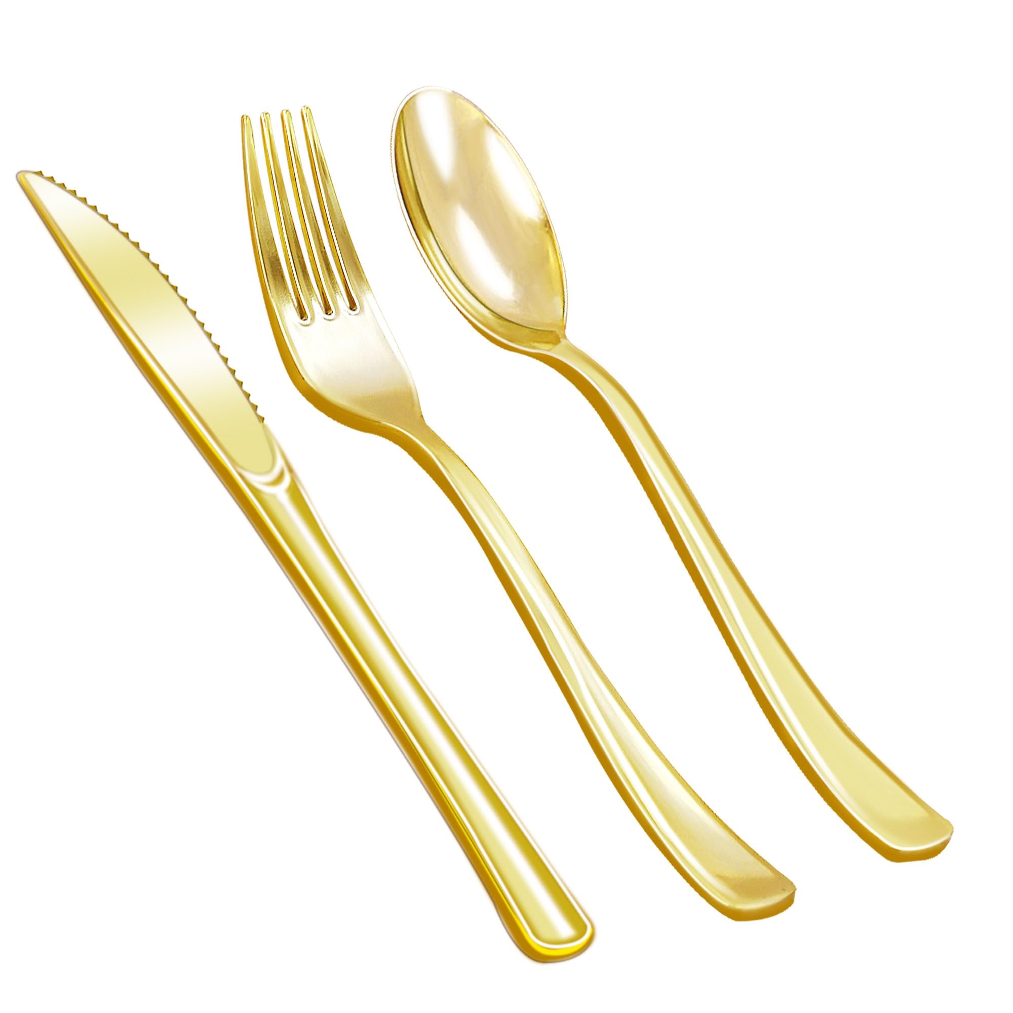 Zcaukya 200 Pieces Gold Plastic Silverware Set, Disposable Cutlery Set Including 100 Forks, 50 Knives and 50 Spoons, Eating Implements Flatware in Bulk for Dinner, Weddings and Birthday Parties