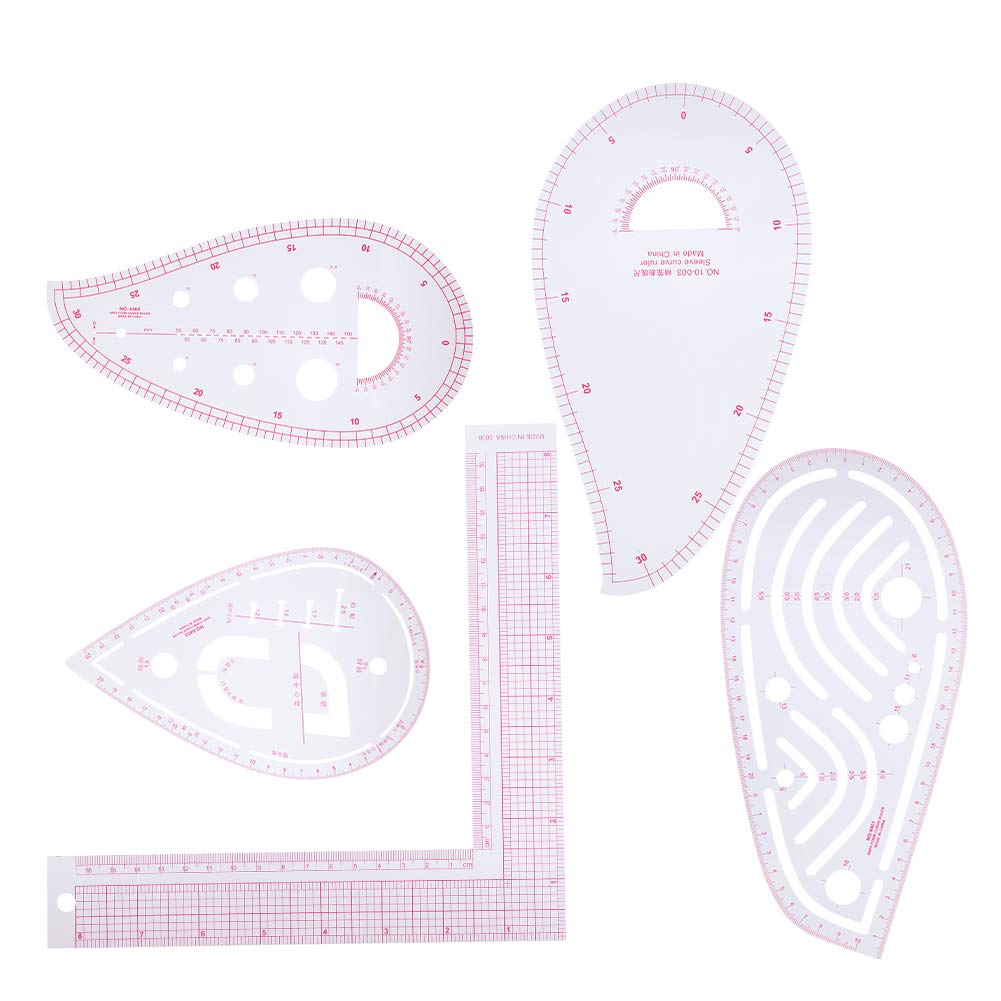 5PCSカーブ定規セット、多機能L字型仕立て定規、内蔵スケール、プラスチック製衣類デザインツール