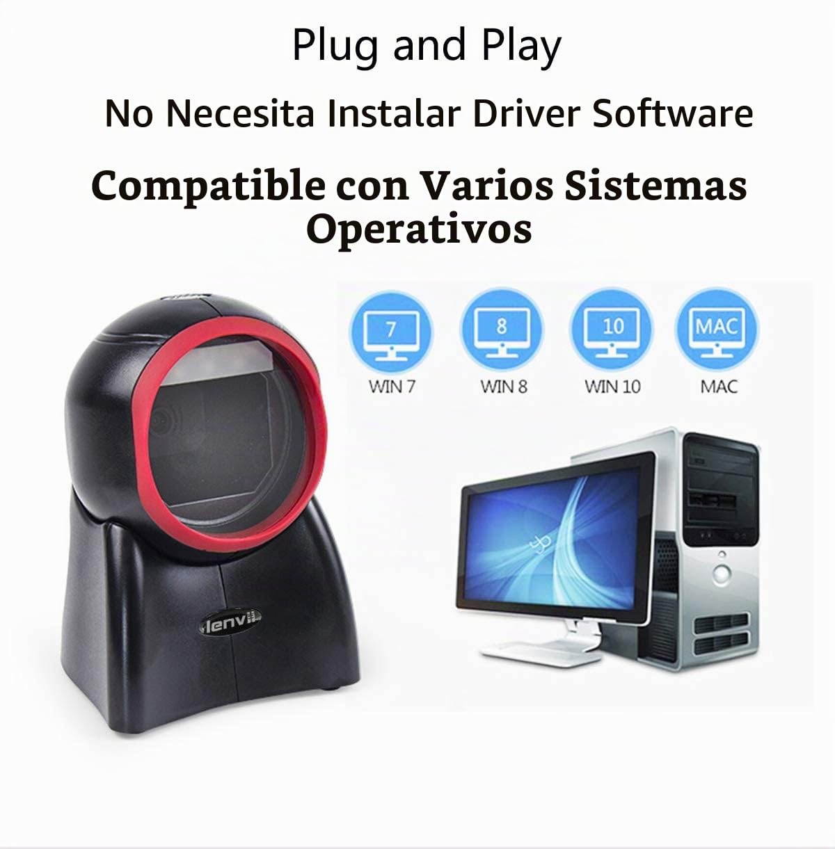 LENVII E655 Escáner de código de Barras Manos Libres, escáner de código 1D / 2D / QR Escáner de código de Barras USB con Cable para Windows Mac OS Linux PC