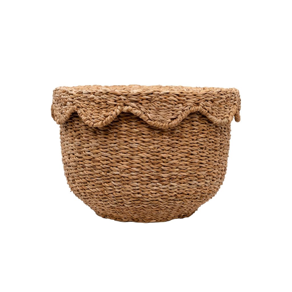 Arthur Cameron - Bangali Handwoven Seagrass Storage Basket with Lid - Versatile Woven Organiser with Removable Scalloped Lid, Perfect as a Decorative Bedroom, Living Room or Kitchen Basket (Medium)