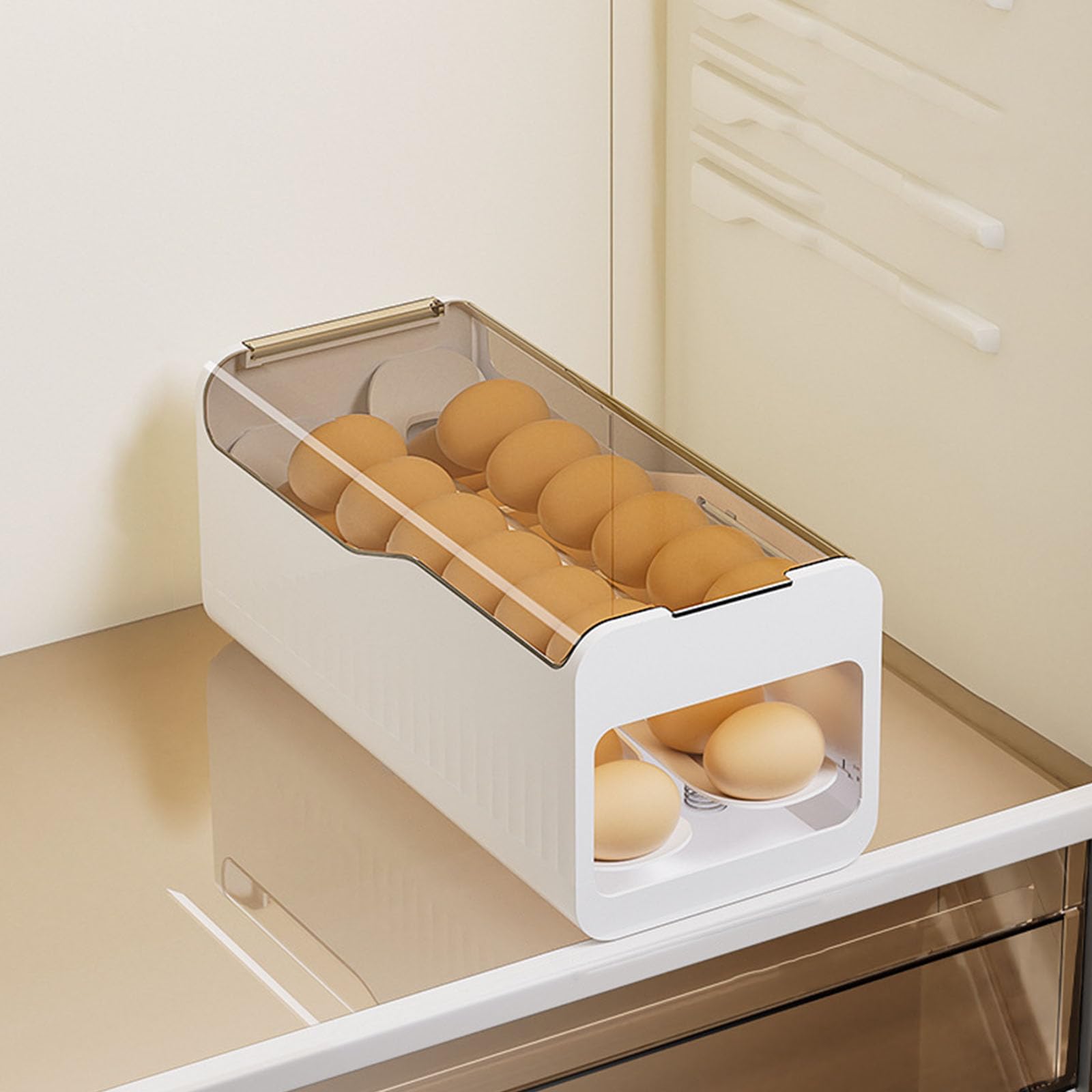 Soporte ergonómico para huevos con función de despliegue suave, perfecto para organizar y proteger el refrigerador de la cocina, contenedor de huevos rodantes