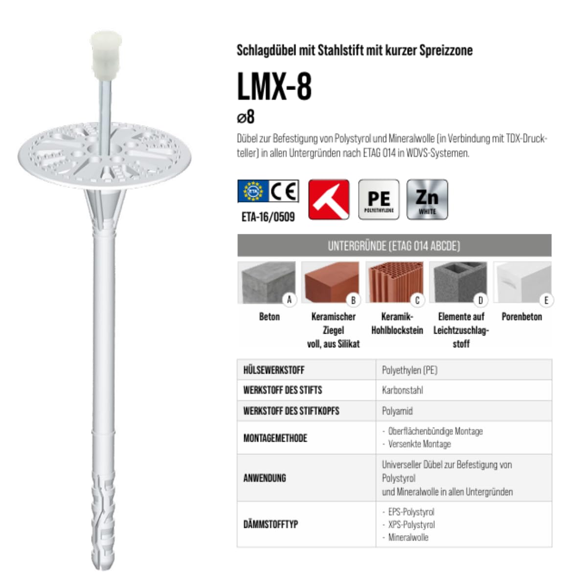 KLIMAS 200 kołków talerzowych kołek do izolacji LMX 8x175 mm WDVS izolacja uchwyt materiału izolacyjnego
