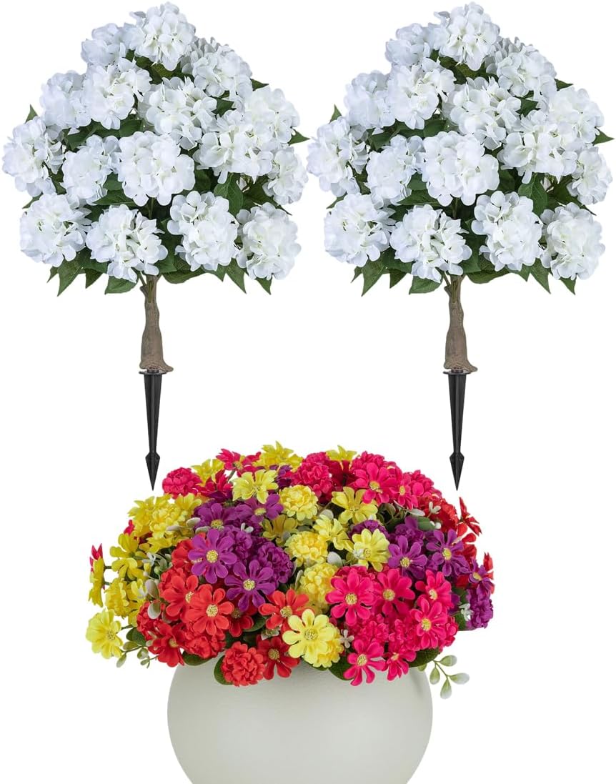 BLOSMON Outdoor Artificial Flowers Bundle - 2pcs 33" White Hydrangea Topiary Trees & 12pcs Silk Flowers for Porch, Garden, Patio Decoration (Pink Purple Yellow Red)