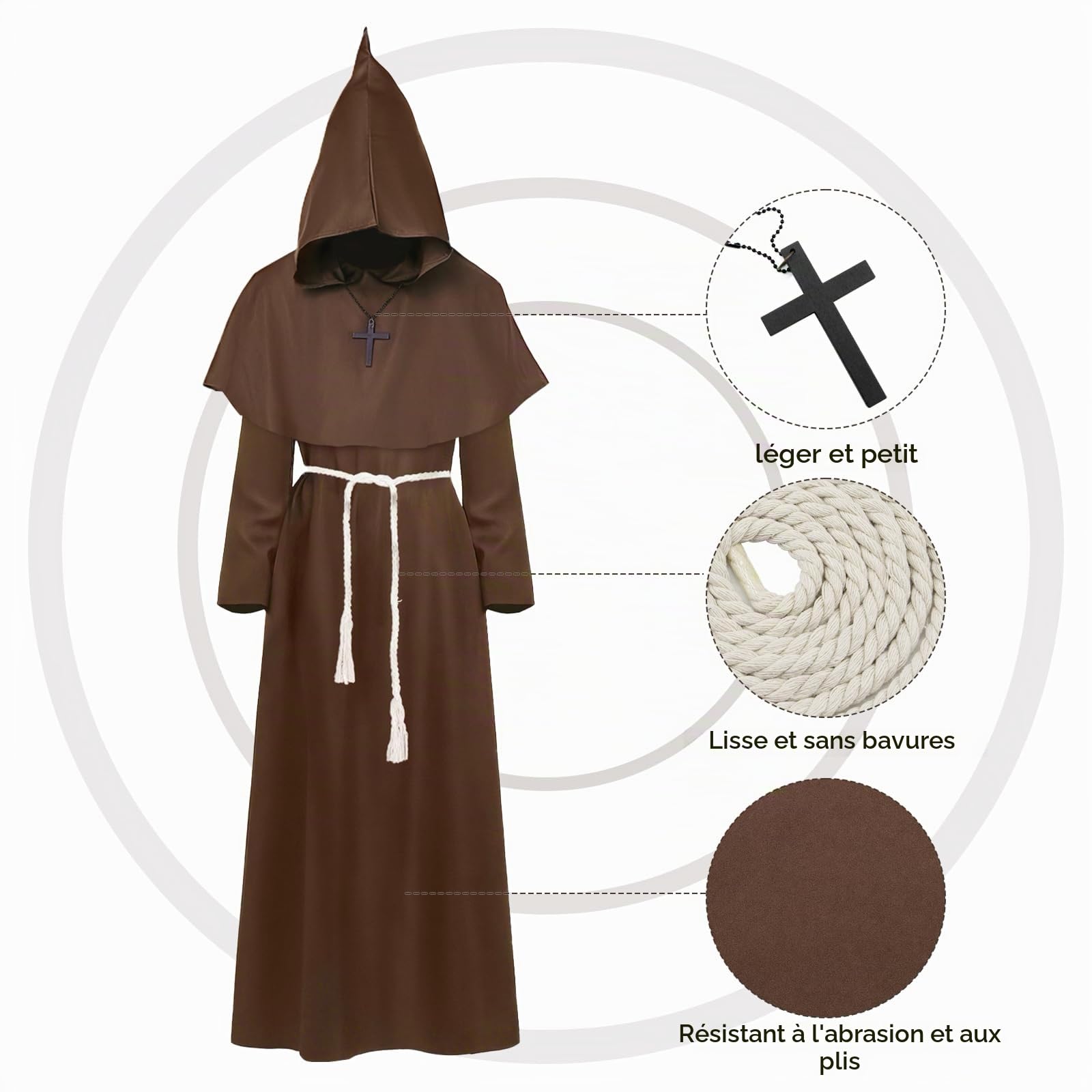 Costume de moine médiéval pour homme - Avec capuche - Perruque de moine - Chapeau marron foncé - Ceinture - Corde de chanvre - Chaîne croisée - Halloween, carnaval, taille XL (175-185 cm