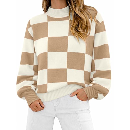 ATHMILE Womens Fashion Turtleneck Sweater Long Sleeve Plaid Ribbed Knit Loose Pullover Tops Trendy Office Outfits