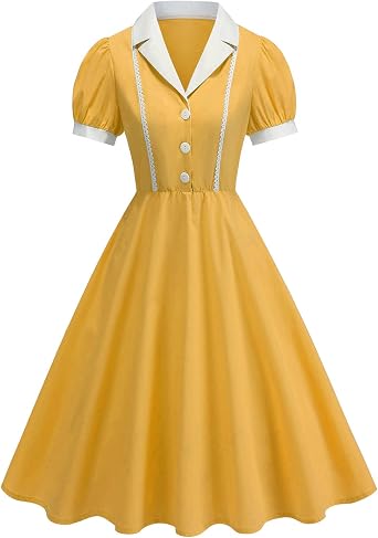 Womens 1950s Vintage Cocktail Swing Dresses Elegant Tea Length Casual Peter Pan Collar A-Line Dress for Work Party