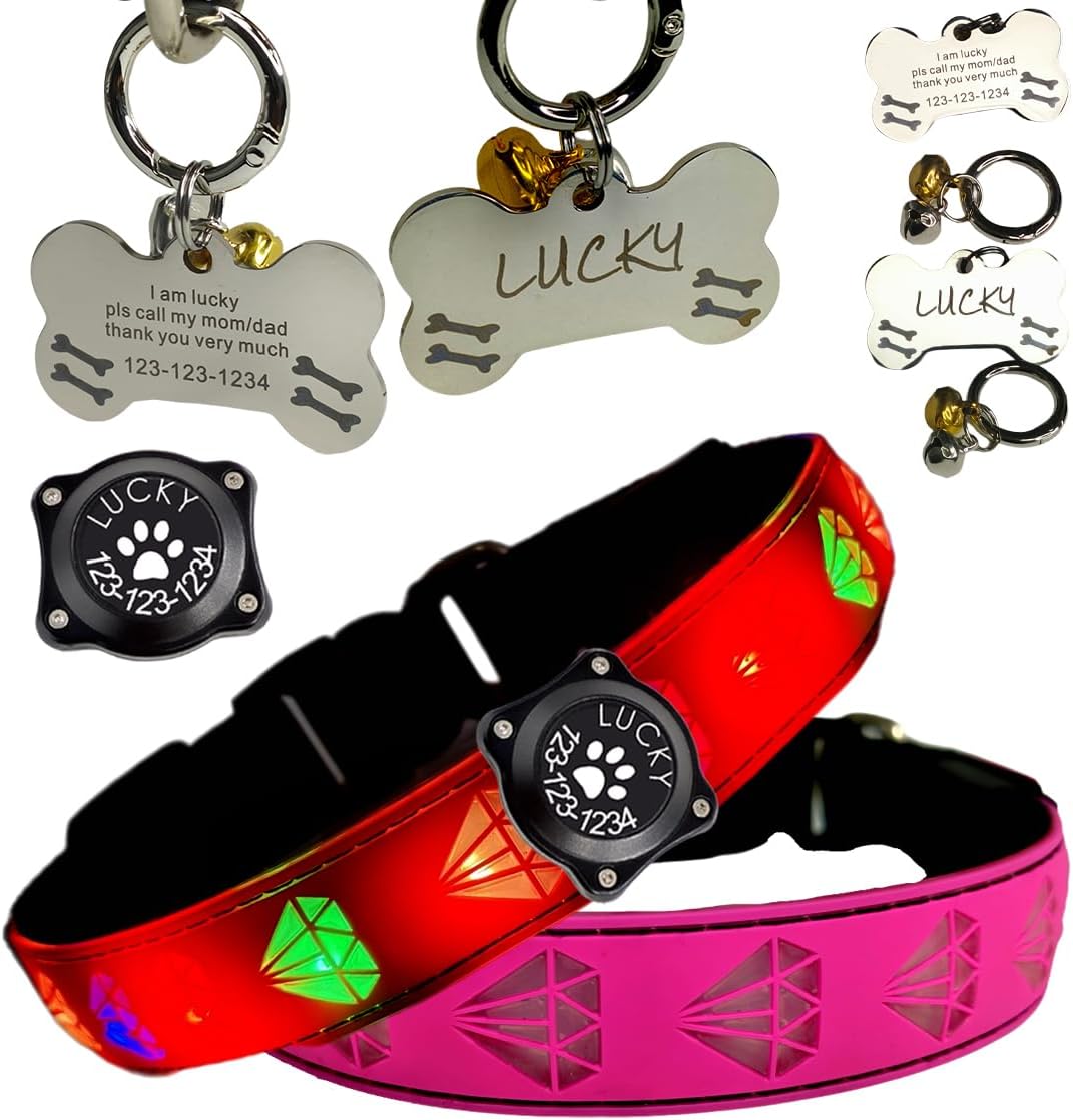LED Dog Collar with AirTag Holder, 15 Light Modes, Customizable ID Tag, (PINK Pro, S(7.87-11.8"))