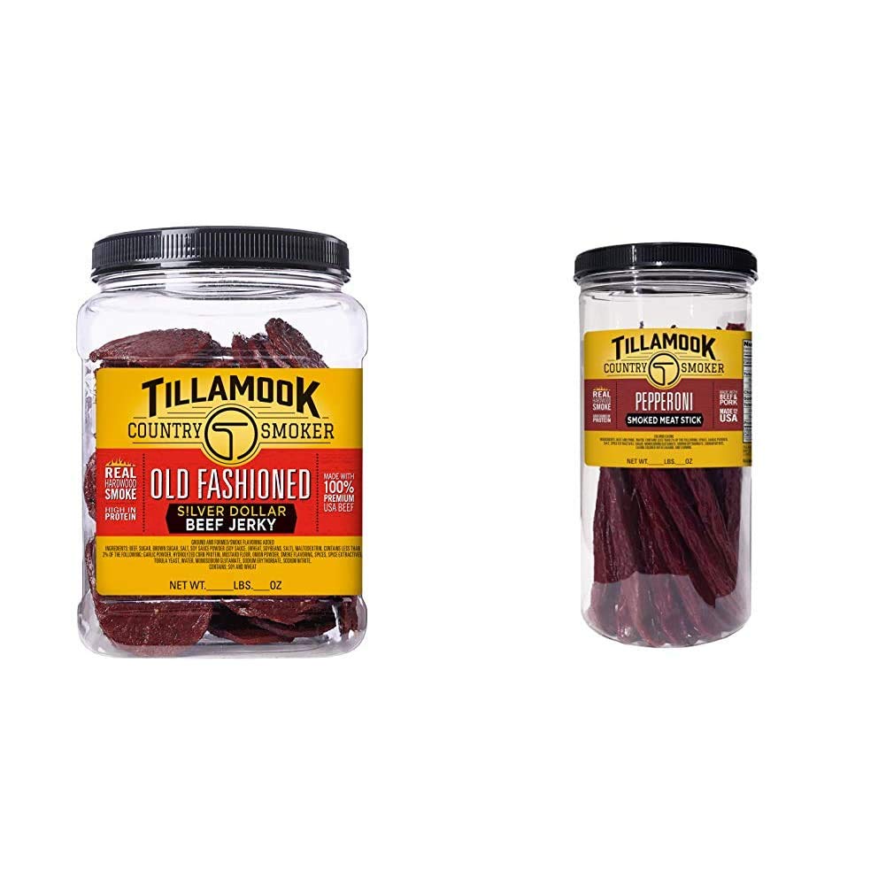 Tillamook Country Smoker Real Hardwood Smoked Silver Dollar Beef Jerky (13 Ounce) and Pepperoni Smoked Sausages (15.2 Ounce Tall Jar, 20 Count)