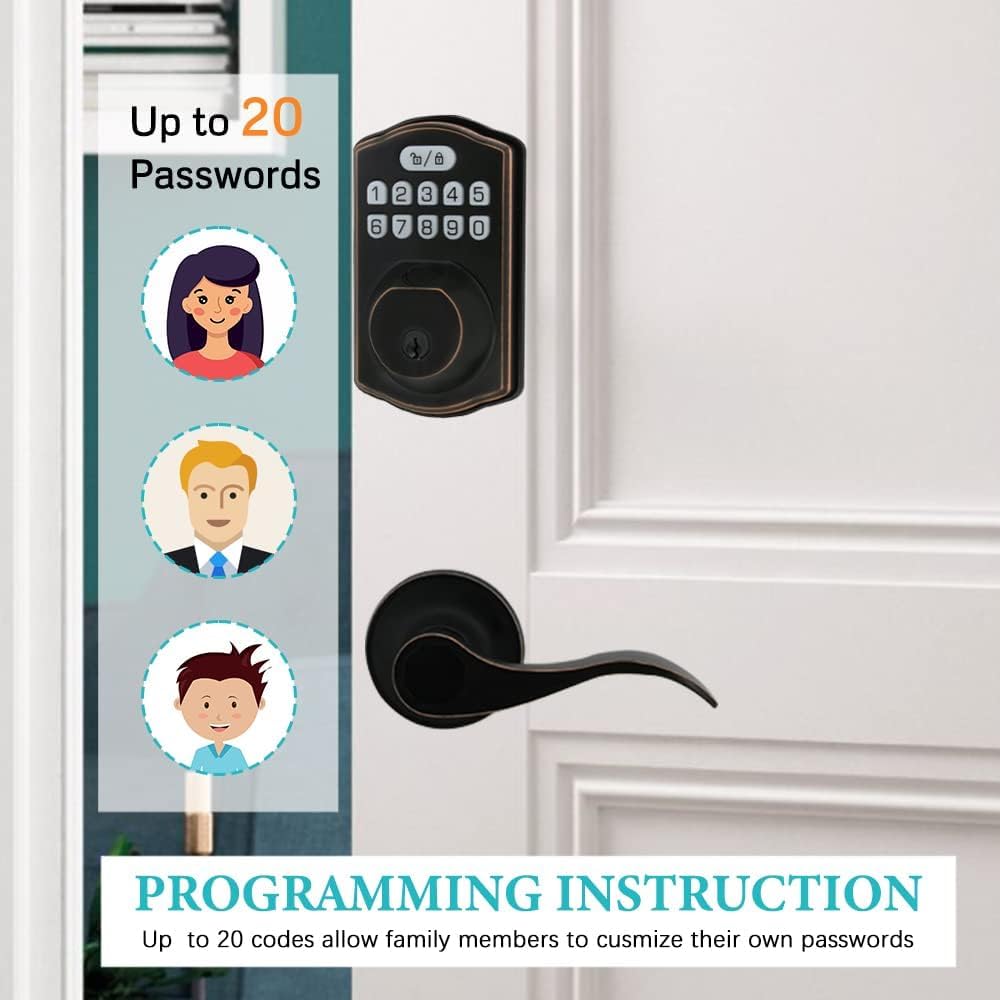 Fingerprint Door Lock with Passage Lever, Contemporary Electronic Keypad Deadbolt, Auto-Locking, Anti-Peeping Password, Keyless Entry Door Lock with Handle, Oil Rubbed Bronze