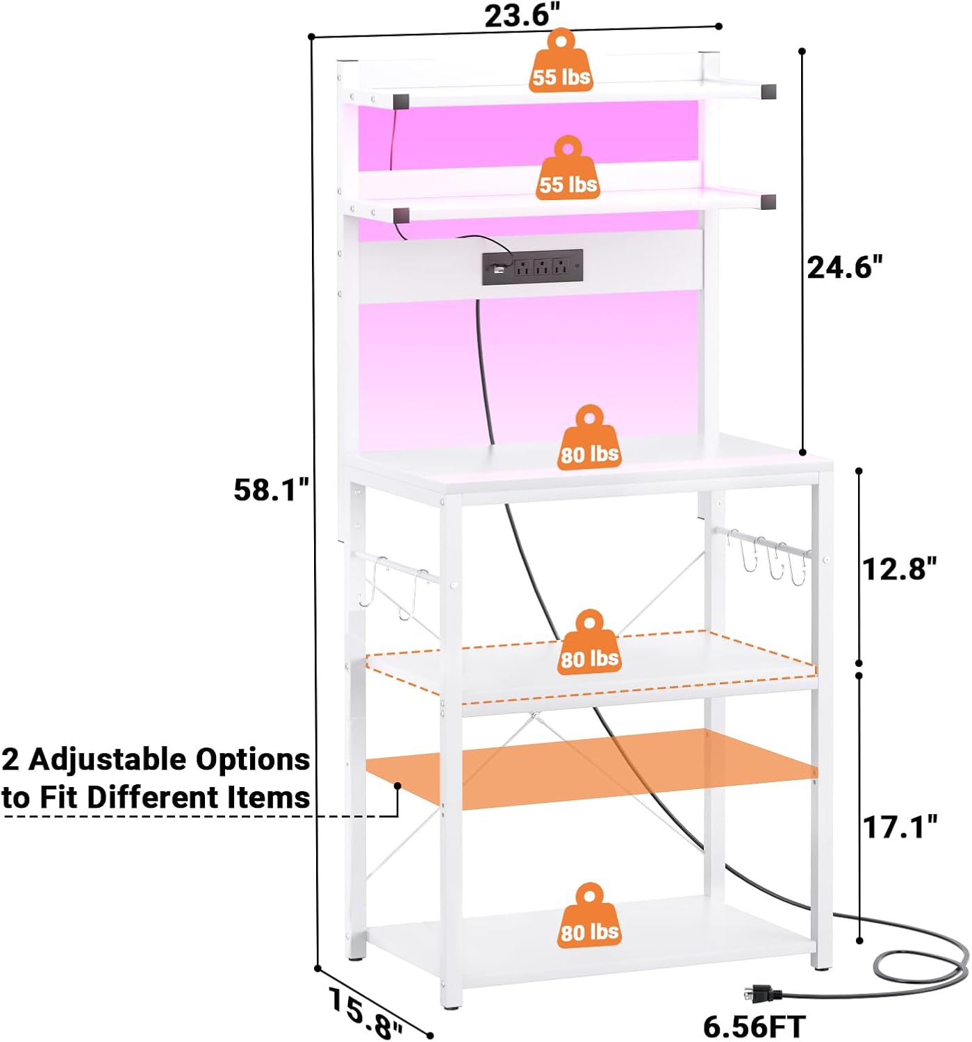Diagram showing the dimensions and weight capacities of the Aheaplus Bakers Rack.