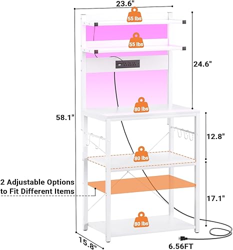 Miniatura 6 de Aheaplus Estante para panaderos con toma de corriente, soporte para microondas, estación de barra de café de 5 niveles con luces LED, estante