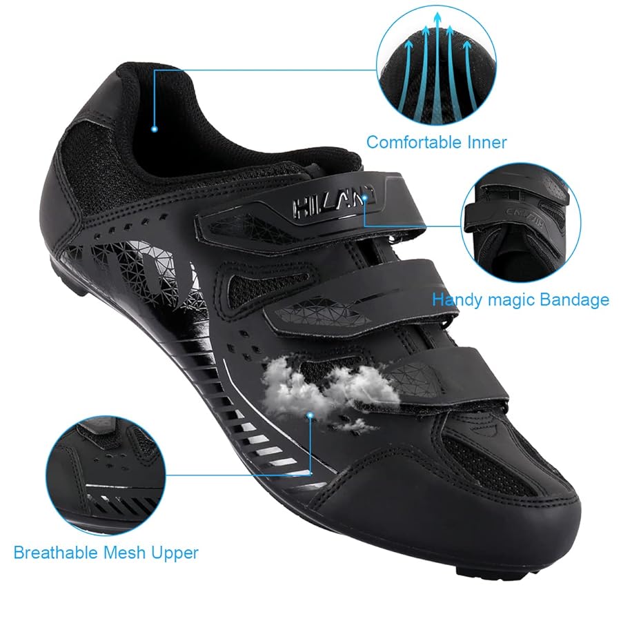 Hiland Wide Cycling Shoes - Compatible With Peloton, Look Delta & SPD Cleats, 3-Strap Indoor/Road Bike Shoes