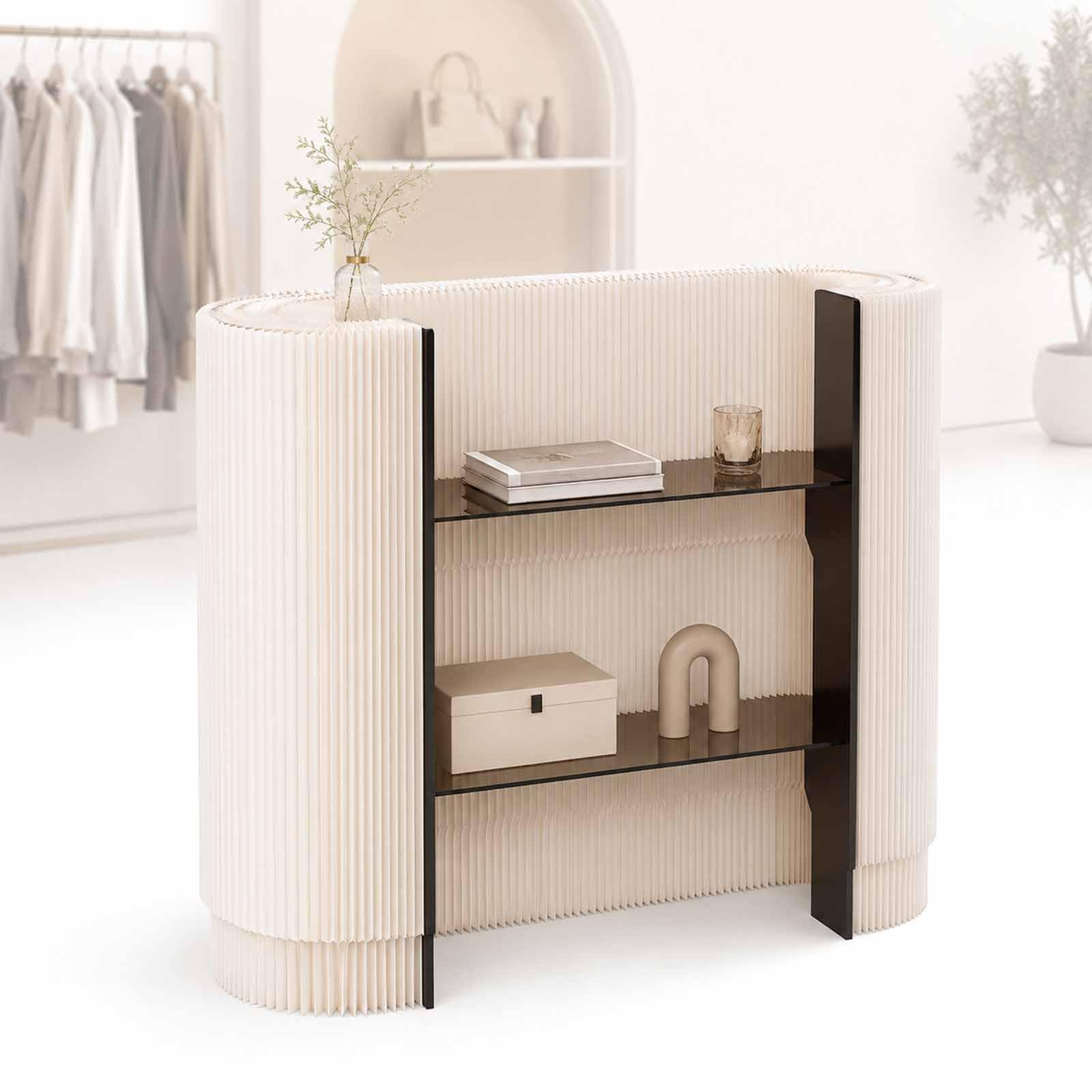 Banco Cassa Curvo E Portatile, Bancone Reception Pieghevole per Esposizioni, Reception con 2 Ripiani in Acrilico, Bancone Cassa Compatto per Boutique, Salone, Spa E Hall White