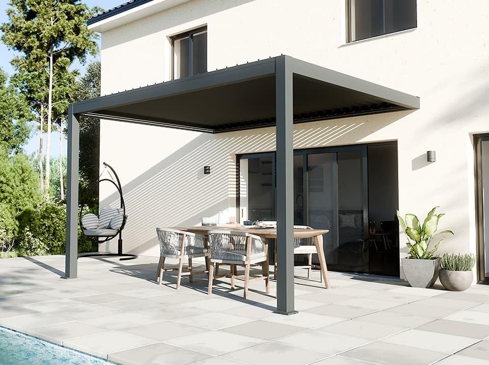 Direct ABRIS Pergola Bioclimatique Adossée Motorisée 12m² 3x4m Gris Anthracite Stellar - Eclairage Intégré