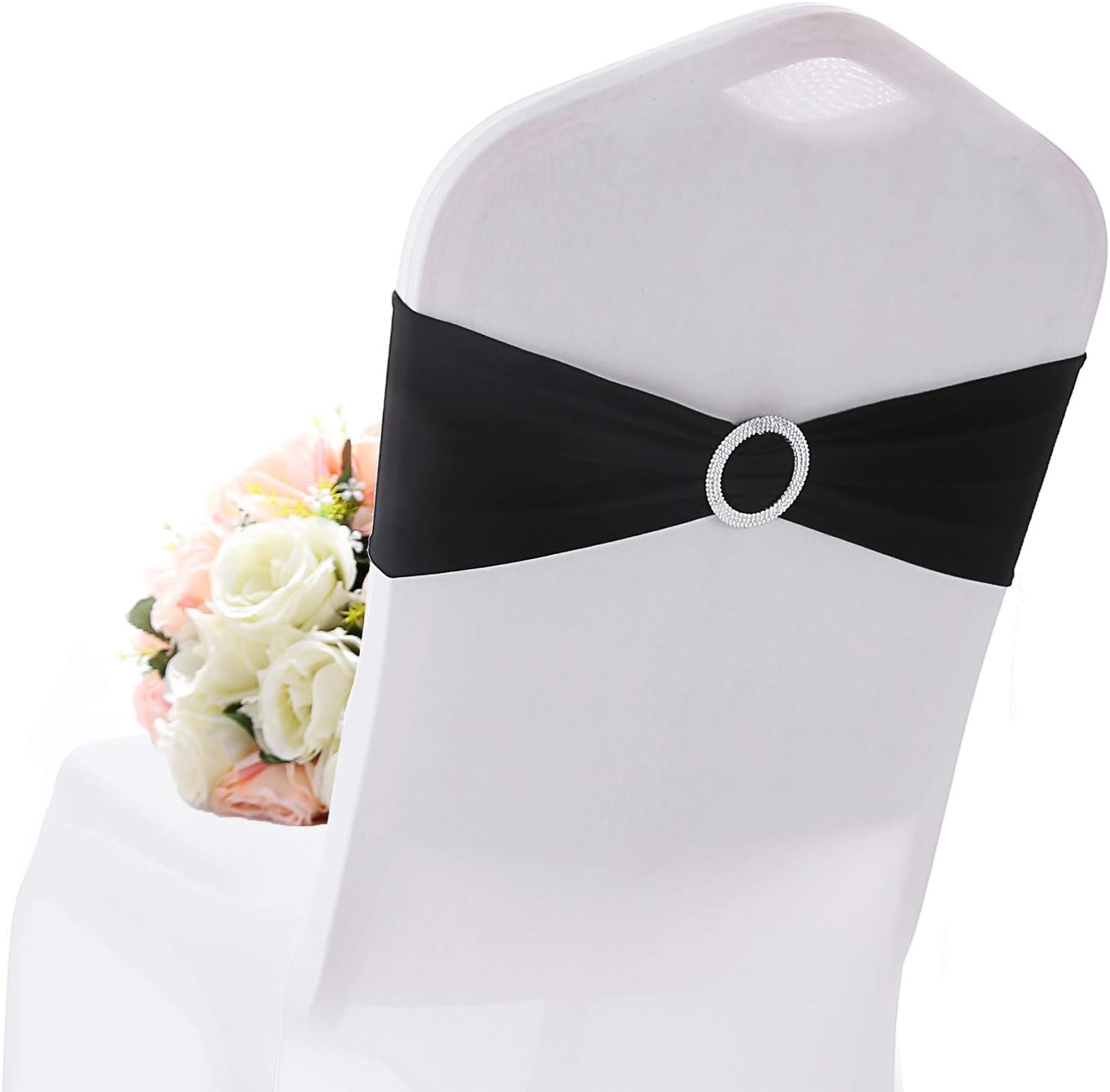 Yetomey 10PCS Chair Sashes Spandex Bow Chair Bands with Buckle Slider Sashes for Wedding Banquet Party Event Decoration (Black)