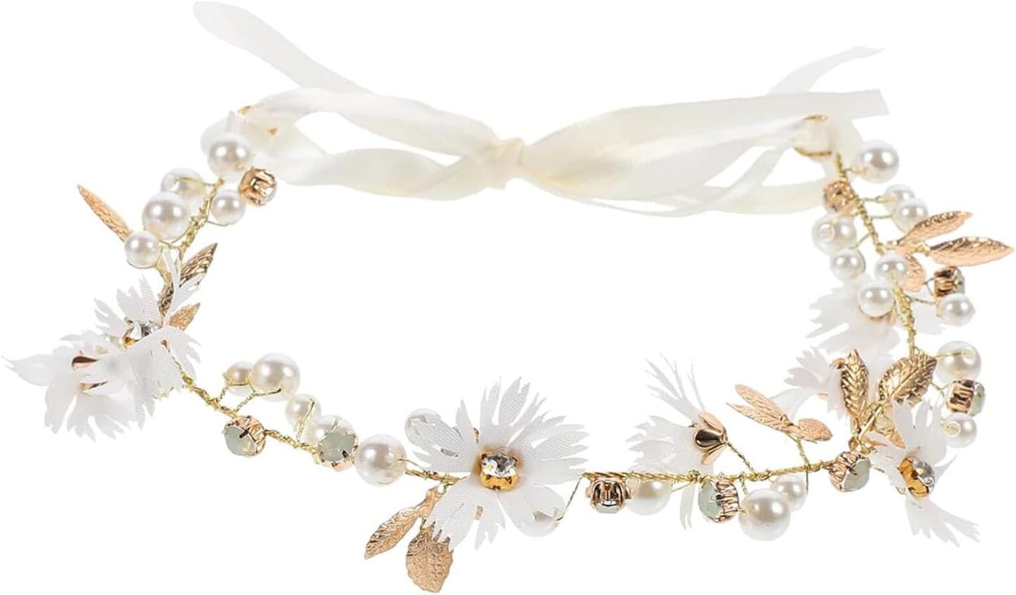 Tazweeq Flower Headband with Ribbon, Bridal Headband, Flower Hair Vine, Wedding Hair Decoration Garland, Wedding Party Ladies Garland, Girls Flower Crown Hairband, White
