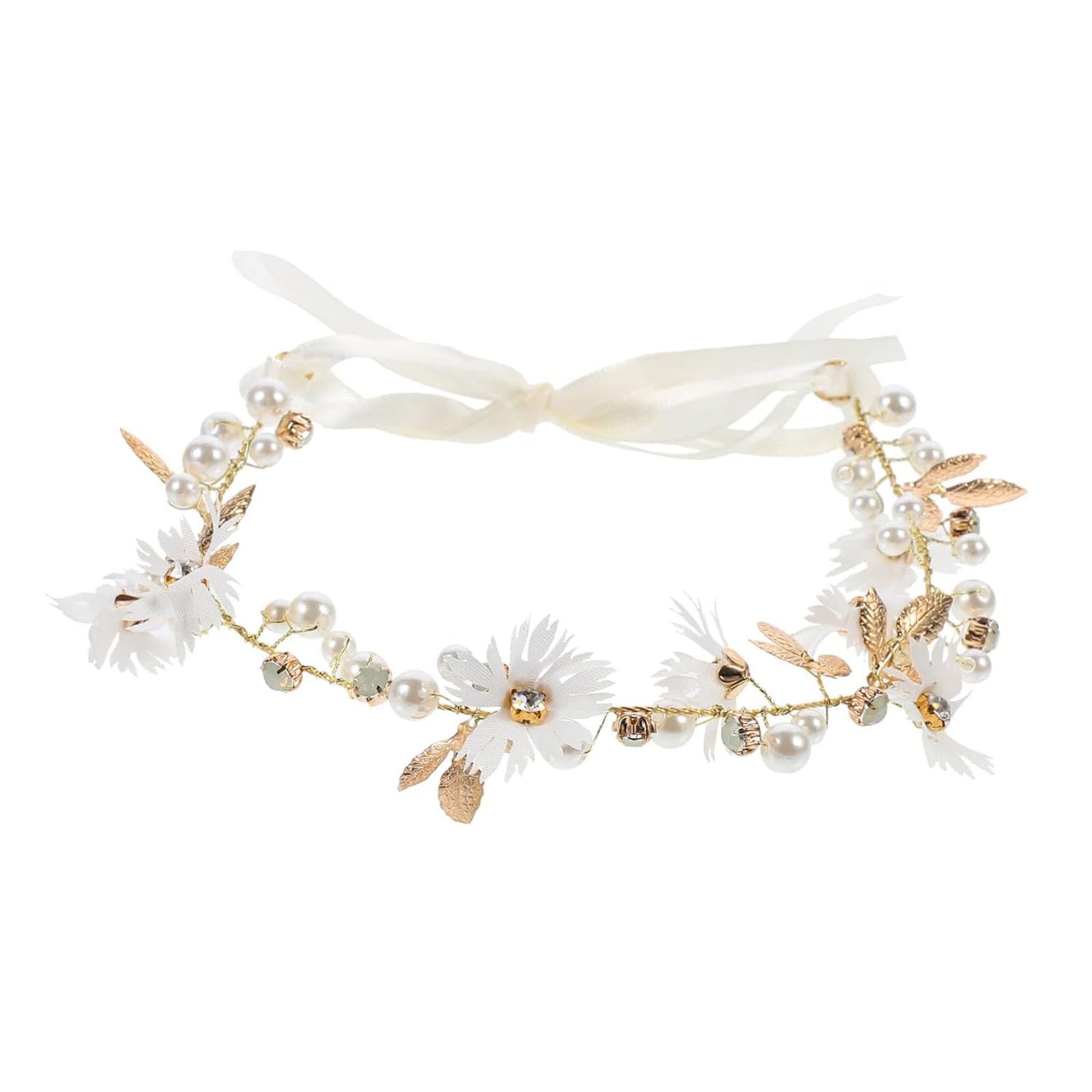 Tazweeq Flower Headband with Ribbon, Bridal Headband, Flower Hair Vine, Wedding Hair Decoration Garland, Wedding Party Ladies Garland, Girls Flower Crown Hairband, White