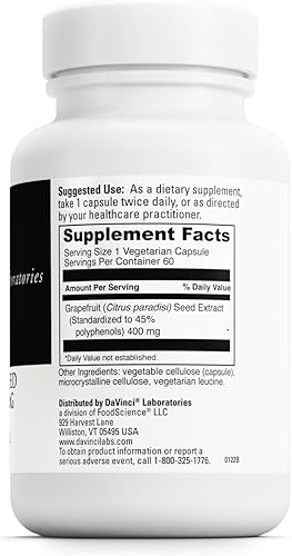 Miniatura 2 de DAVINCI Labs Extracto de semilla de pomelo 400 mg – Apoya la salud intestinal digestiva y digestiva – Sin gluten, vegetariano – 60 cápsulas