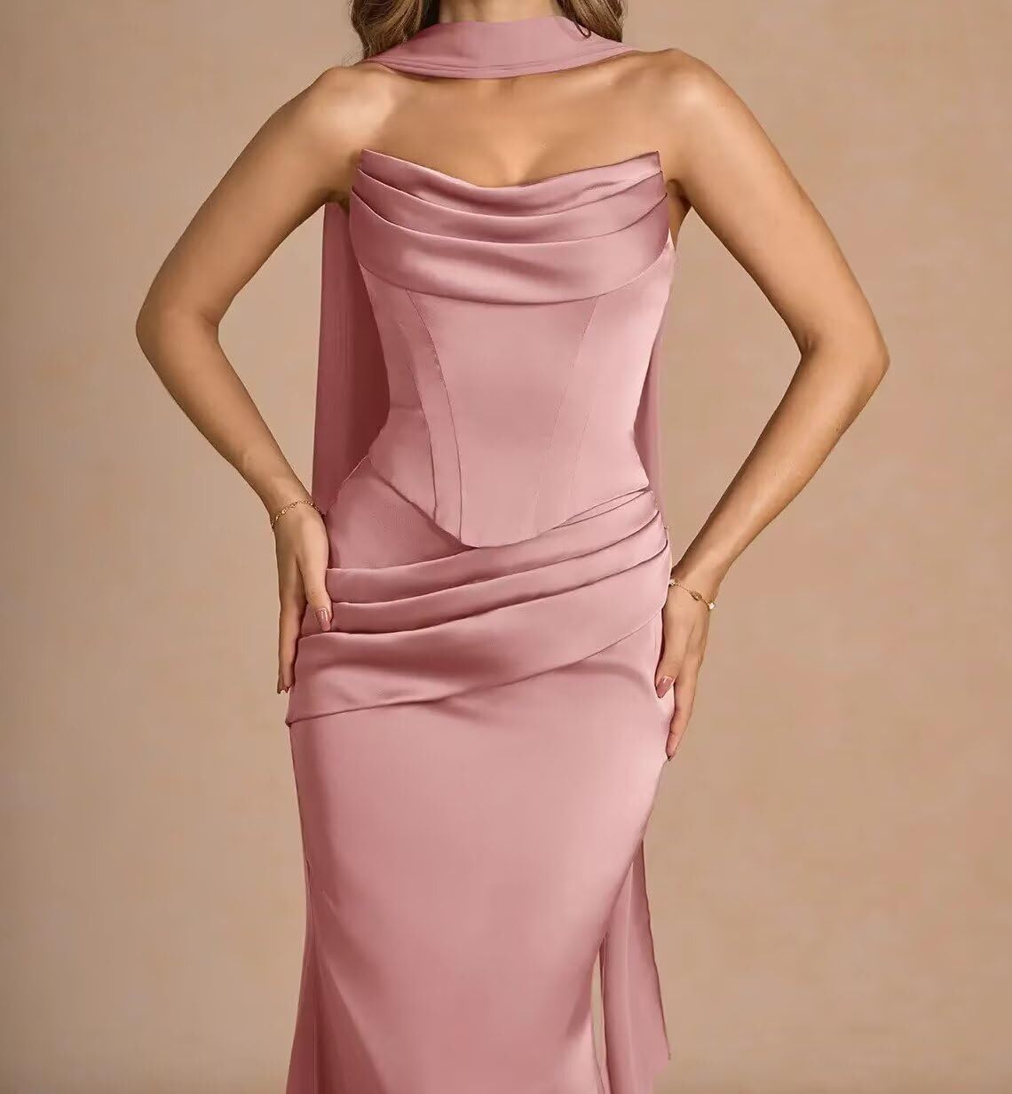 Everlong Strapless Bridesmaid Dresses 2025 Long Mermaid Satin Pleated Formal Party Gowns with Scarf EL018