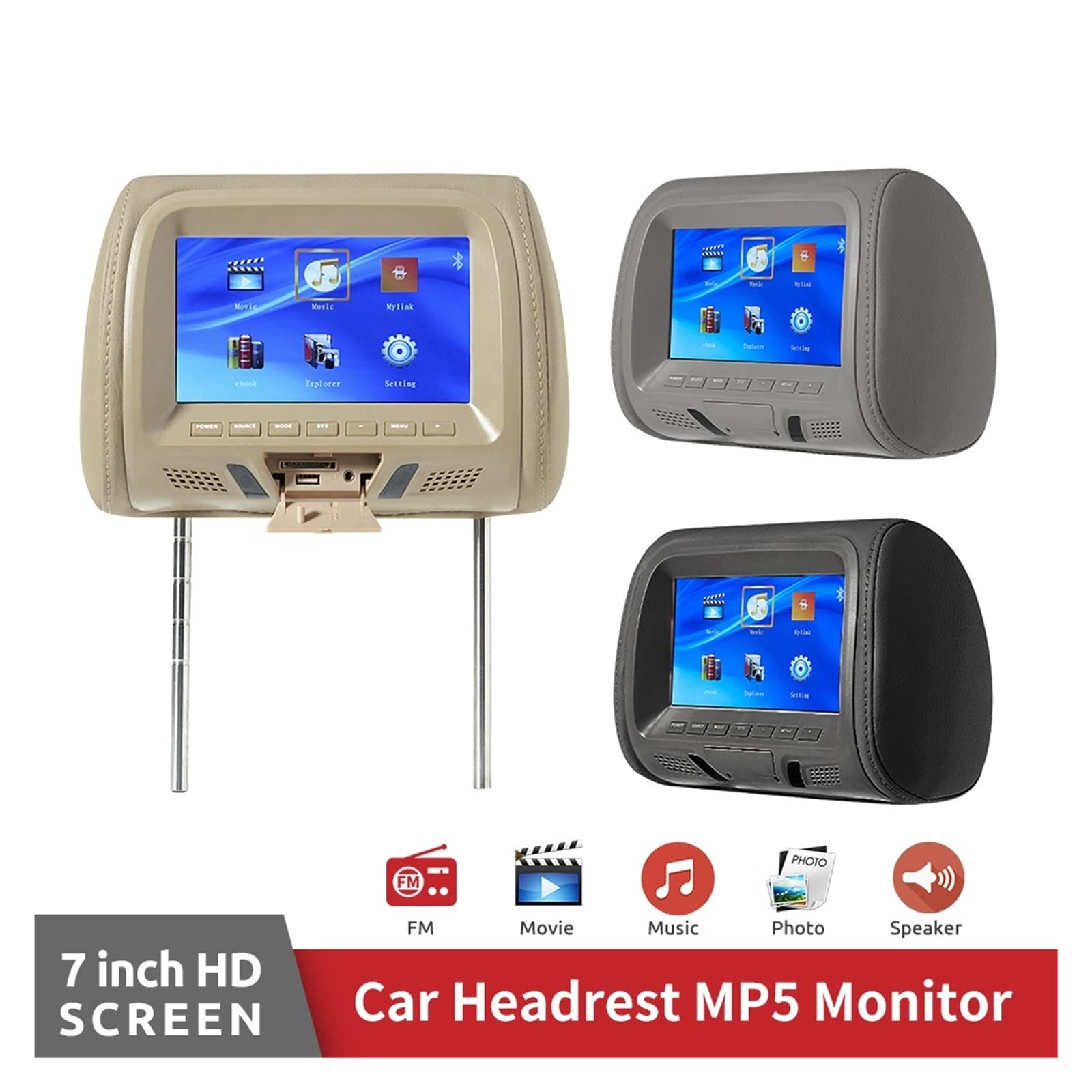 Universel 7 Pouces Appui-Tête De Voiture MP4 Oreiller Moniteur Lecteur Multimédia avec Adaptateur Prise Briquet USB SD MP5 FM Haut-Parleurs SH7038-P5,Performances De Lecture Puissantes(707-Gray)