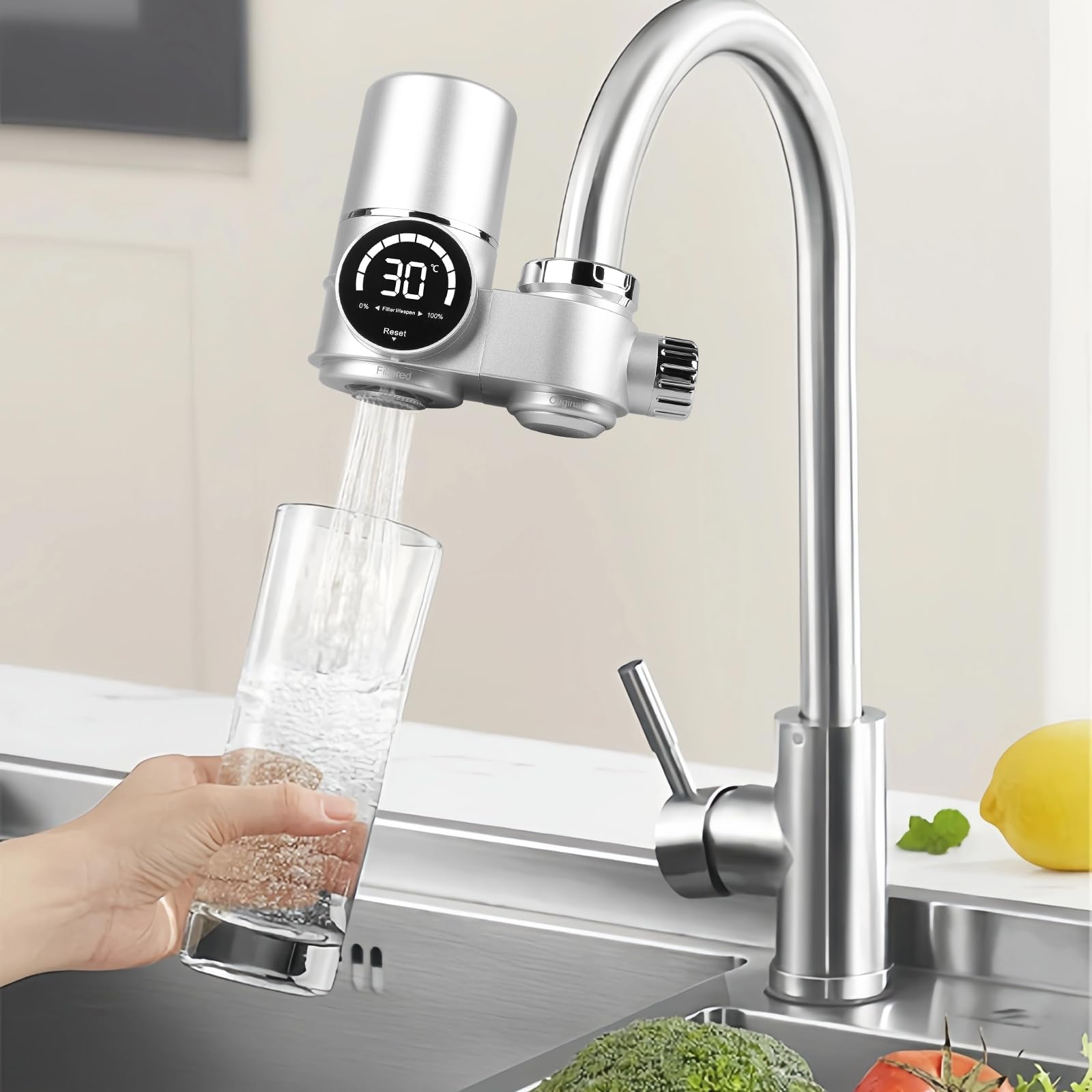 Filtre à eau pour robinet avec affichage LED, filtre à eau robinet filtre à eau potable élimine le chlore, les métaux lourds, stérilisation UV filtre à eau du robinet (avec filtre) pour cuisine