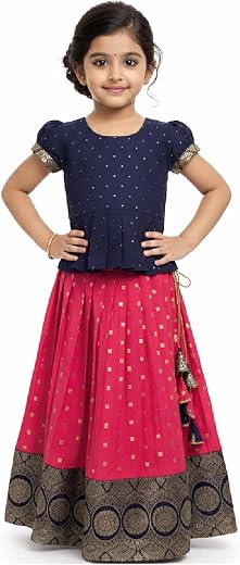 BAVLI Girls Taffeta Blouse with Jacquard Flared Lehenga Skirt Set | Festive Ethnic Outfit for Kids