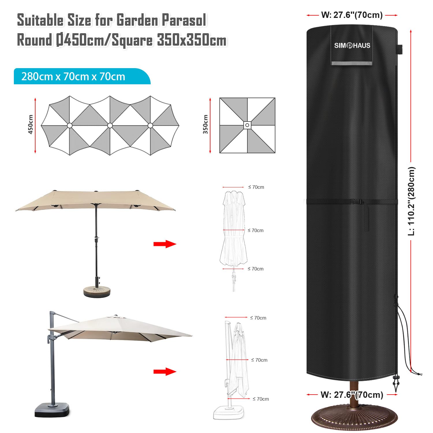 Housse de Protection pour Parasol Déporté Housse Parasol Déporté pour Parasol Ø 2-5m Impermeable Housse Parasol Droit pour Grand Parasol Déporté Anti-UV Tissu Oxford 420D 280x70/70cm