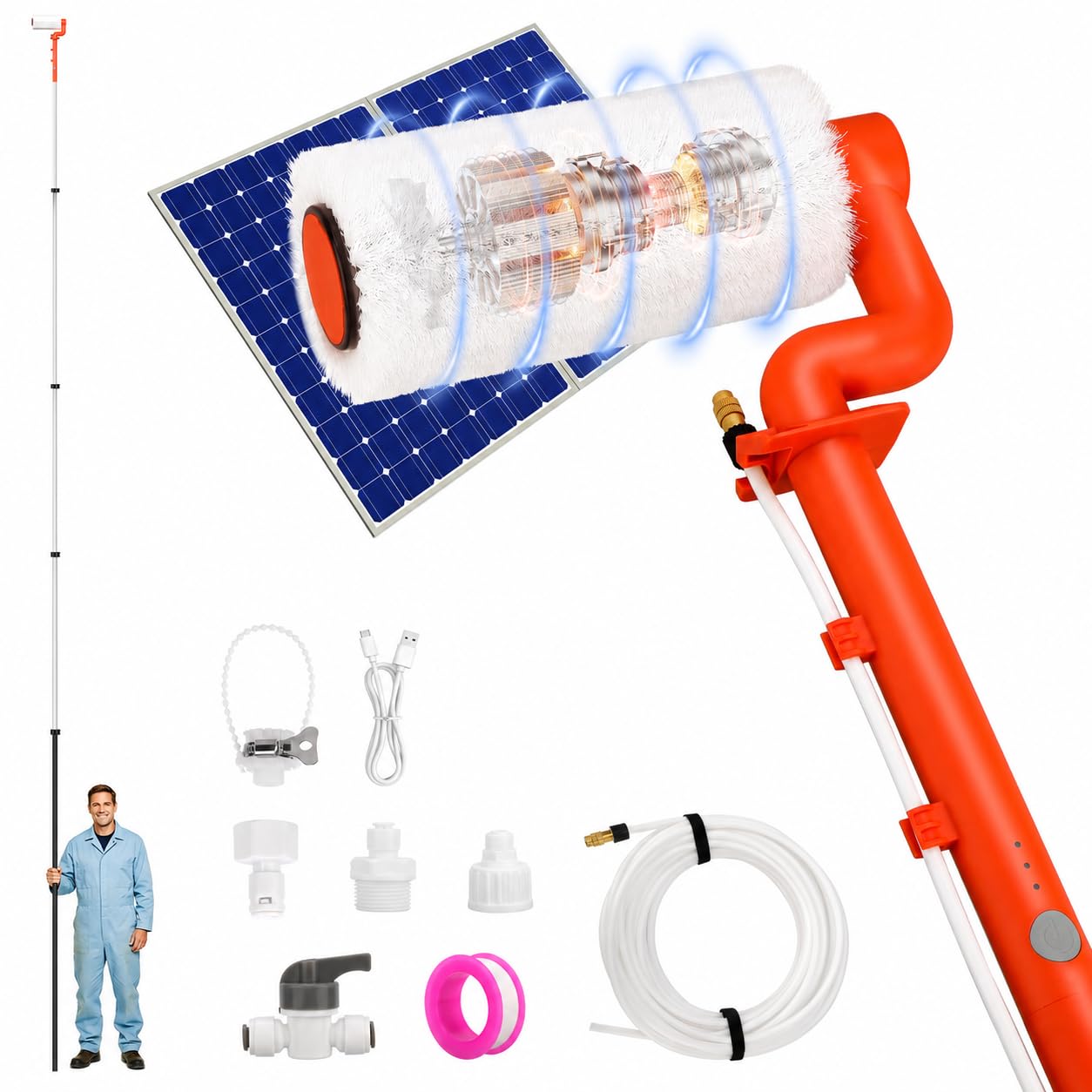 Spazzola Elettrica per la Pulizia di Pannelli Solari: Kit di Pulizia per Pannelli Solari con Asta Regolabile Alimentata ad Acqua da 6,1 m con Tubo dell'Acqua da 7 m - Spazzola Fotovoltaica