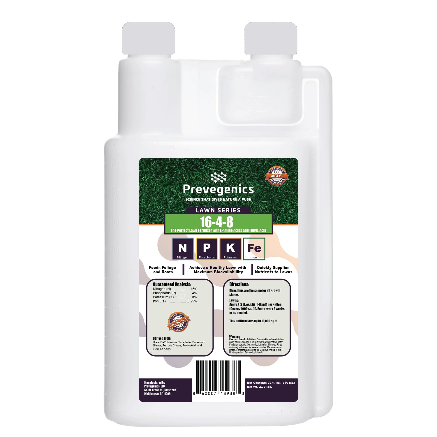 16-4-8 Liquid Lawn Fertilizer | (32 fl. oz.) | with Iron, L-Amino Acids, and Fulvic Acid | Balanced Lawn Food for All Grass Types