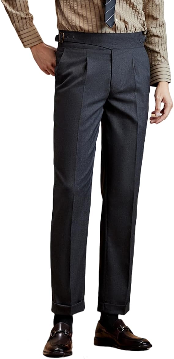 Men's Gurkha Pants, Mens Dress Pants Regular Fit Wrinkle Free, Italian Naples Style Herringbone Pleated Suit Trousers