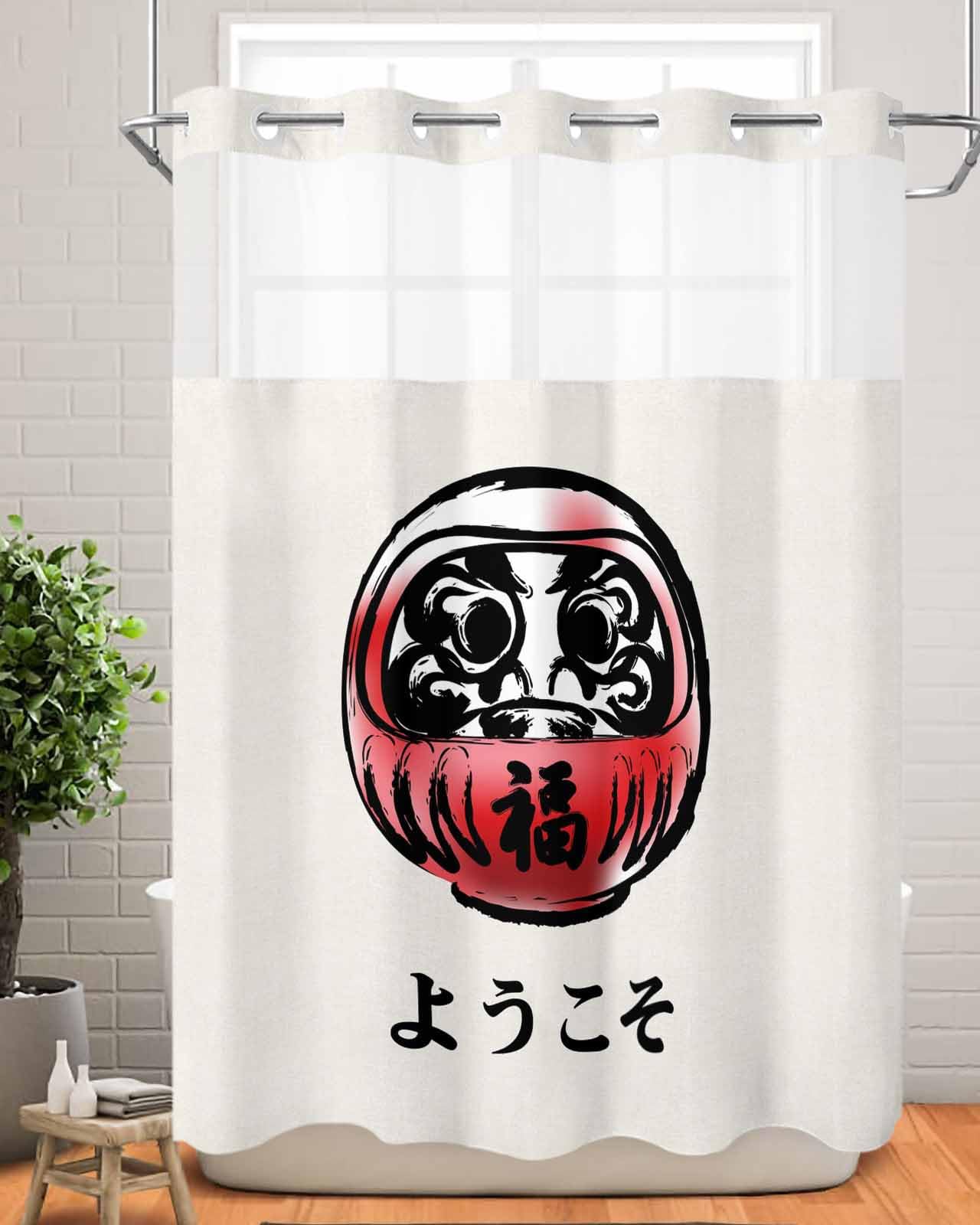(similar)No Hook Shower Curtain and Liner Set Hand Drawn Japanese Style Dharma Tumbler Snap in Fabric Liner Shower Curtains for Bathroom See Through Top Window Waterproof Bath Curtain 72x84 Inch