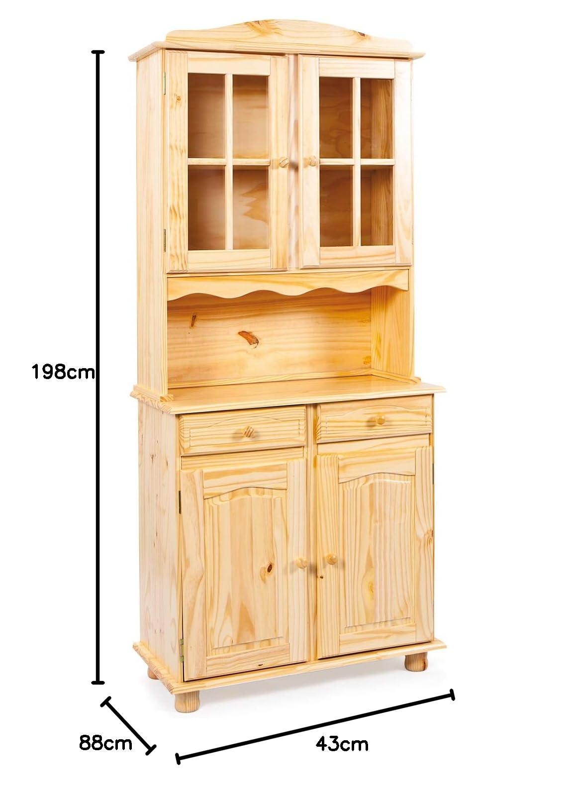 Inter Link – Vitrinenschrank - Küchenschrank - Geschirrschrank - Esszimmerschrank – Vitrine – Standvitrine - Landhausstil - Kiefer Massivholz – 2 Türig – Alicante - Natur lackiert