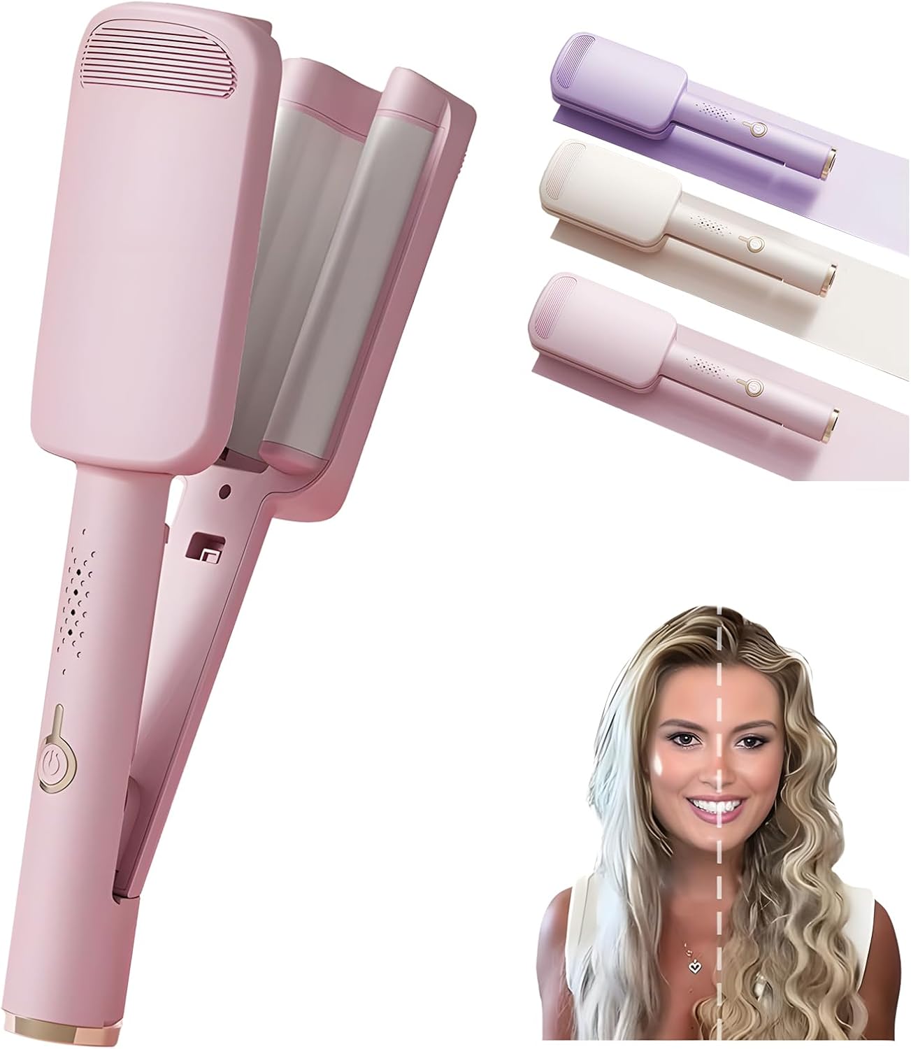 Hair Waver Crimper, Curling Iron Hair Crimper Waver, Beach Waves Curling Wand, Ionic Deep Waver Hair Curler Tool with Ceramic 3 Barrel for Women, Dual Voltage, Anti-Scald, 1.25 Inch (3 Pcs)