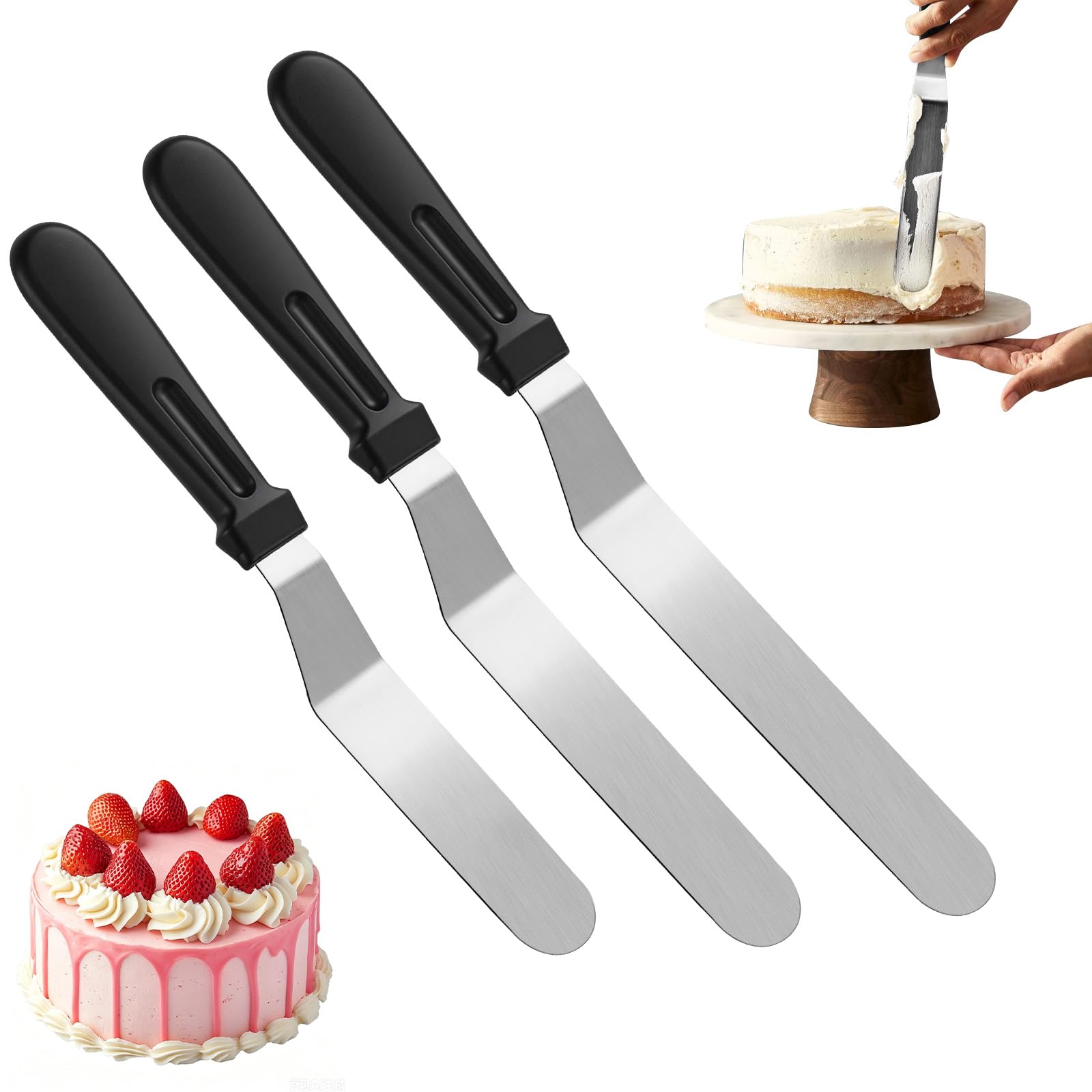 AUAUY 3PCS Icing Spatulas, Cake Spatula Baking with 15cm & 20cm & 25cm Stainless Steel, Cake Angled Offset Spatulas, Durable Plastic Handle, Palette Spatula for Cakes Decorating Pastry and Baking