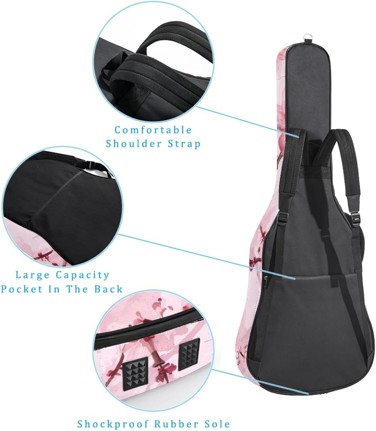 Acoustic Guitar Gig Bag 1 cm Thick Padding, Waterproof Electric Guitar Bag 40-42 Inch Guitar Case Backpack with Dual Shoulder Strap, Pink Cherry Blossom Pattern