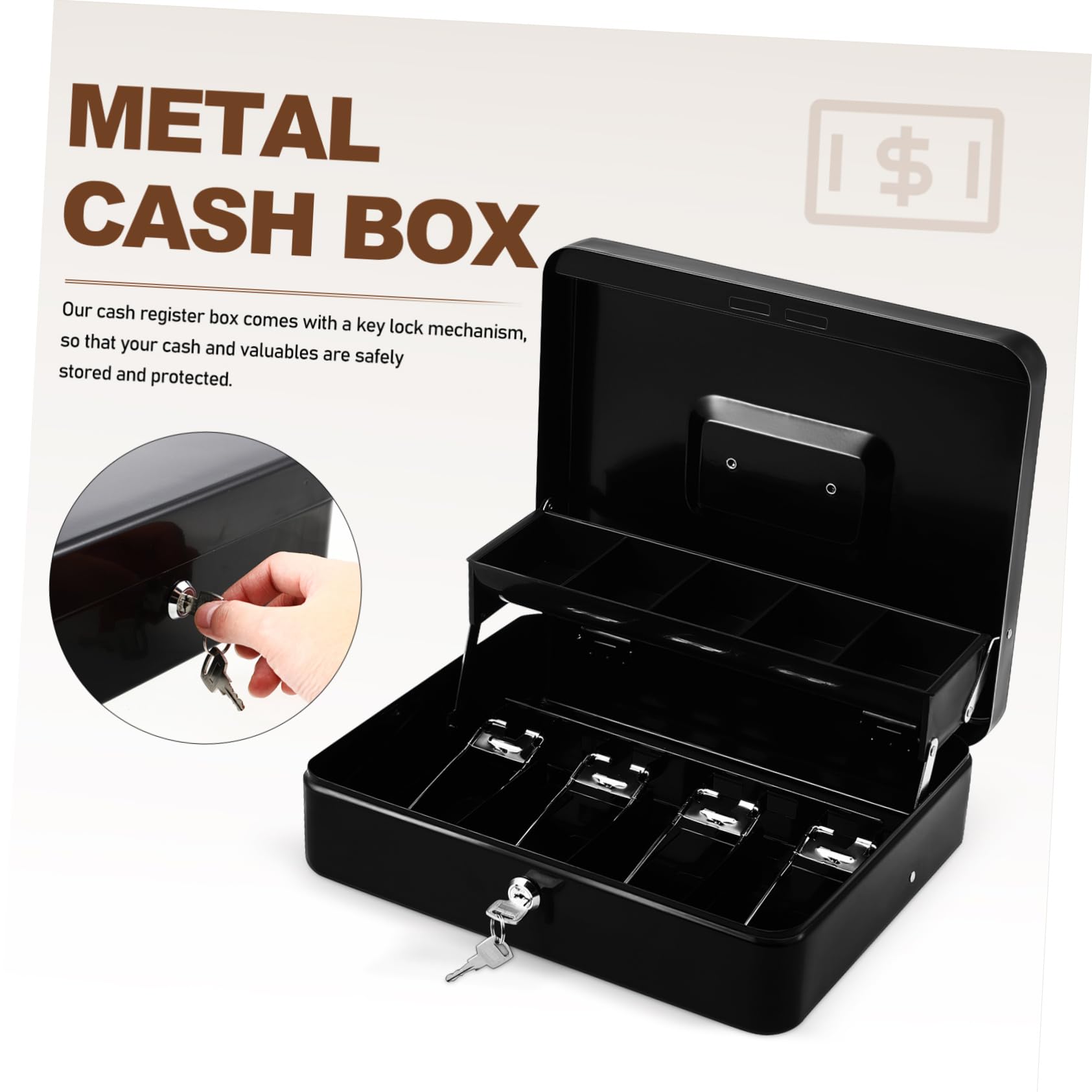 DOITOOL Caja Registradora De Metal Con Cerradura y Llaves Organizador De Dinero Para Caja De Seguridad Pequeña Bandeja Para Dinero Para Pequeñas y Doméstico