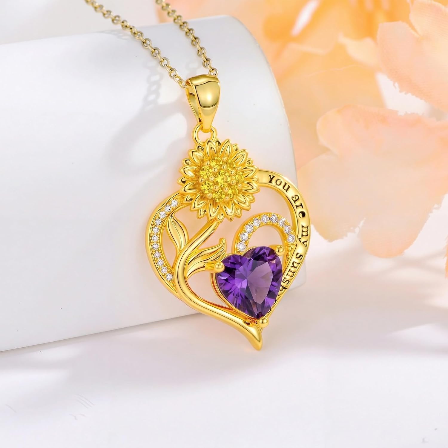 OJK 18K Gold Sunflower Necklace Heart Birthstone Sunflower Necklaces Anniversary Birthday Gifts for Women You Are My Sunshine Jewelry for Wife Mom
