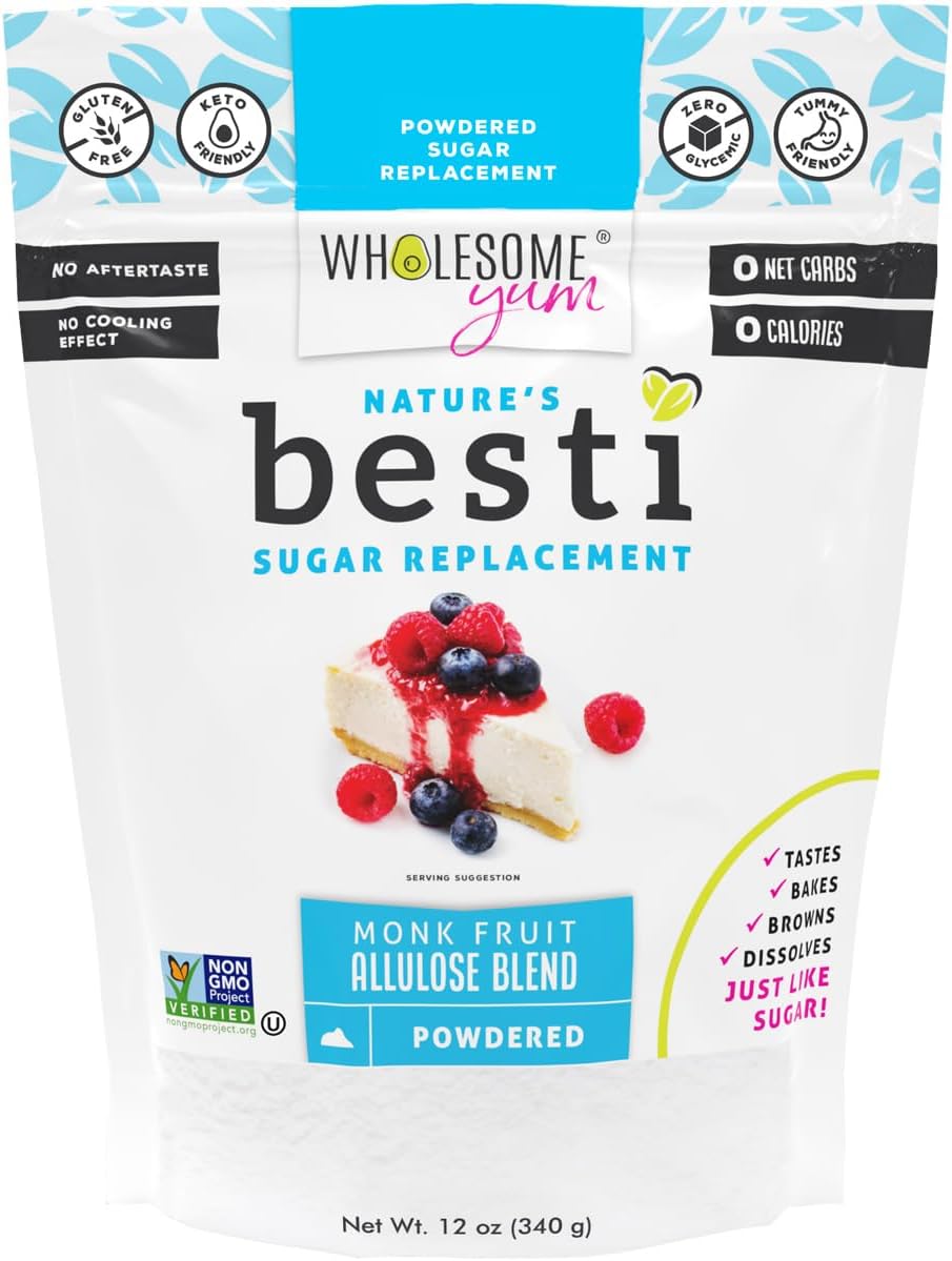 Wholesome Yum Besti Natural Powdered Sugar Substitute - Keto Confectioners Monk Fruit Sweetener Mix with Alulose (Erythritol Free) - Non-GMO, Zero Carb, Zero Calorie, No Taste Re