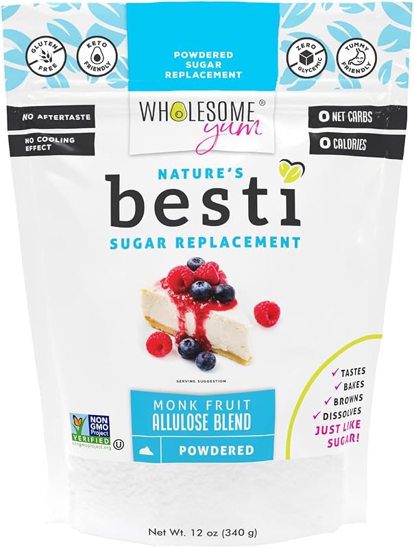 Edulcorante de alulosa de fruta de monje sustituto de azúcar en polvo saludable Yum Besti | Mezcla de alulosa Keto Confectioners. Sin azúcar, cero calorías, 0 carbohidratos, sin eritritol, sin OGM, natural, sin regusto (12 oz)