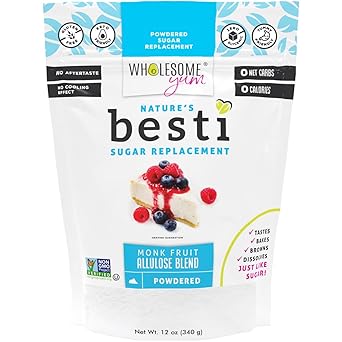 Wholesome Yum Besti Natural Powdered Sugar Substitute - Keto Confectioners Monk Fruit Sweetener Blend With Allulose No Erythritol - Non GMO, Zero Carb, Zero Calorie, No Aftertaste 12 oz