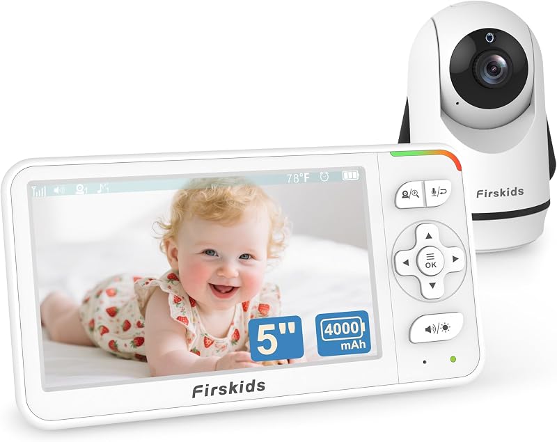 Monitor para bebés de 5 pulgadas con cámara y audio, monitor para bebés de viaje sin WiFi, monitor de cámara para bebés con zoom panorámico e inclinable con conversación bidireccional, batería de 32 horas, sensor de temperatura ambiente, visión nocturna por infrarrojos, modo ECO, alcance de 1000 pies | A prueba de pirateo de seguridad, regalo portátil para bebés para padres