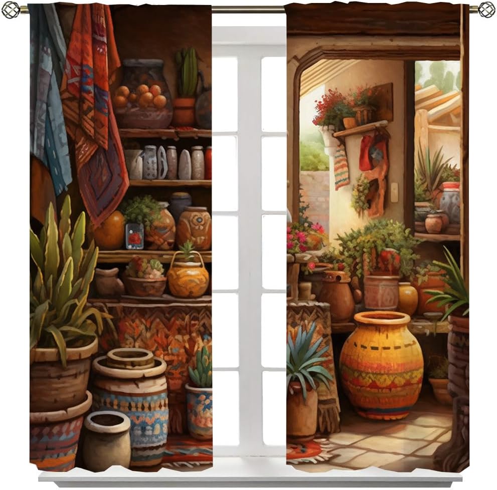 Rustic Town 70s Cabin Vase Art Blackout Curtains Watercolor Vintage Boho Exotic Vase Print Curtains for Living Room, Bedroom, Or Dining Room 2 Panels 45" L x 21" W