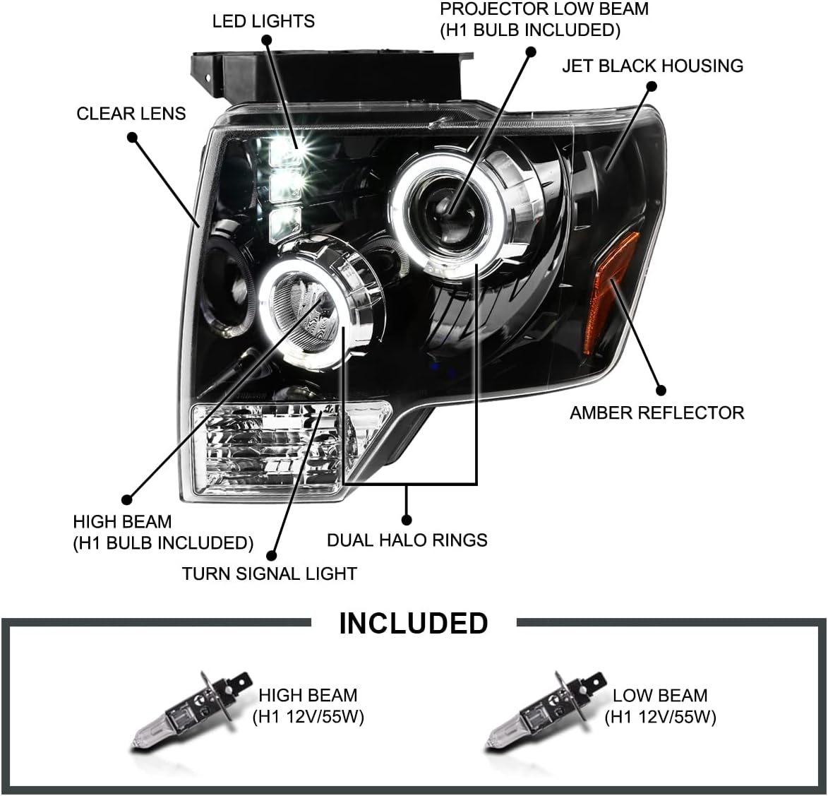 SPEC-D TUNING Jet Black LED Halo Projector Headlights Compatible with 2009-2014 Ford F150, Left + Right Pair Headlamps Assembly