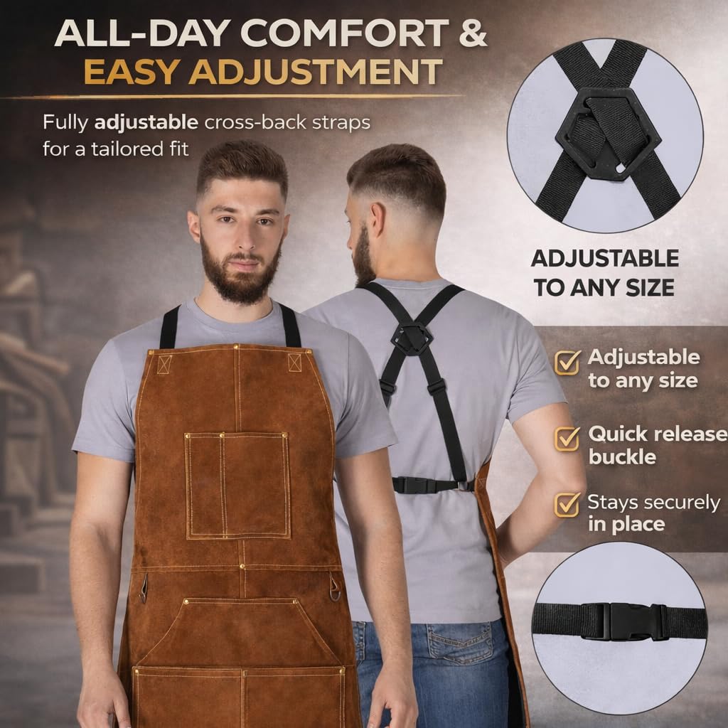 BWOLF SMITH Grembiule Saldatore in Pelle per Lavoro di Legno | Grembiule per Falegname con 6 Tasche | Grembiule per Saldatura e Resistente | Resistente al Calore | Regolabile