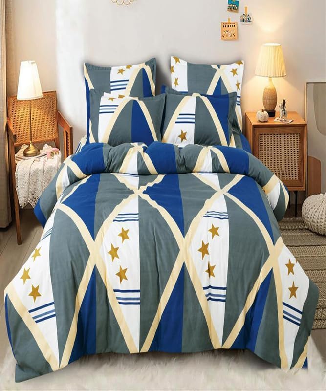Image of Polycotton Single Bed Bedsheet, Flat Sheet with 1 Pillow Cover, Queen (60x90 inch), 300 TC, Blue & Cream, Set of 2